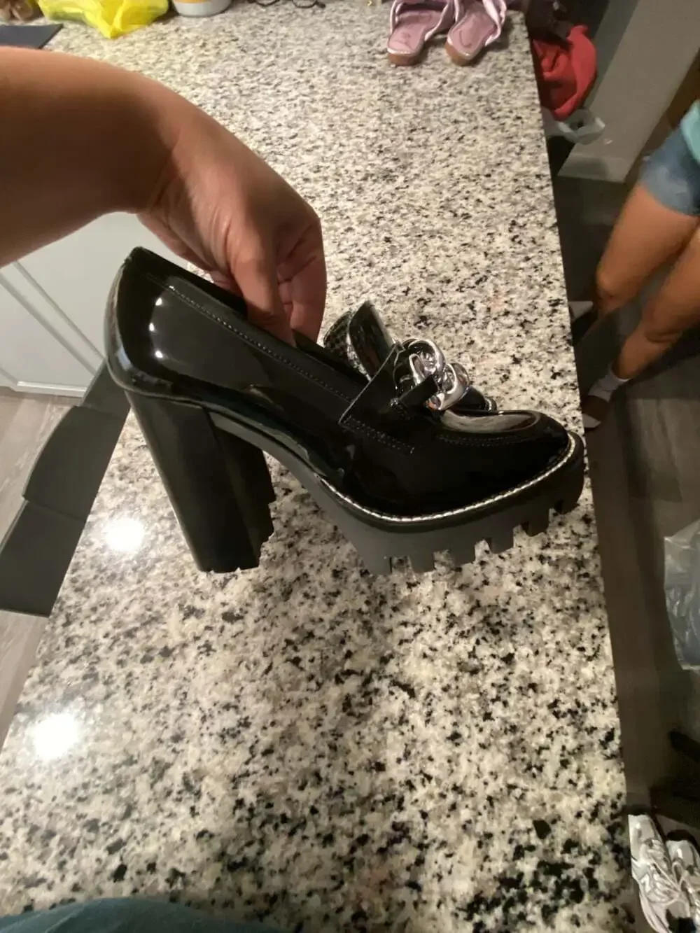 Antonio Melani Palmer Black Patent Lug Sole Chain Loafer Pumps